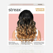 Streax hair highlighting kit packaging with a woman's hair transitioning from black to blonde.