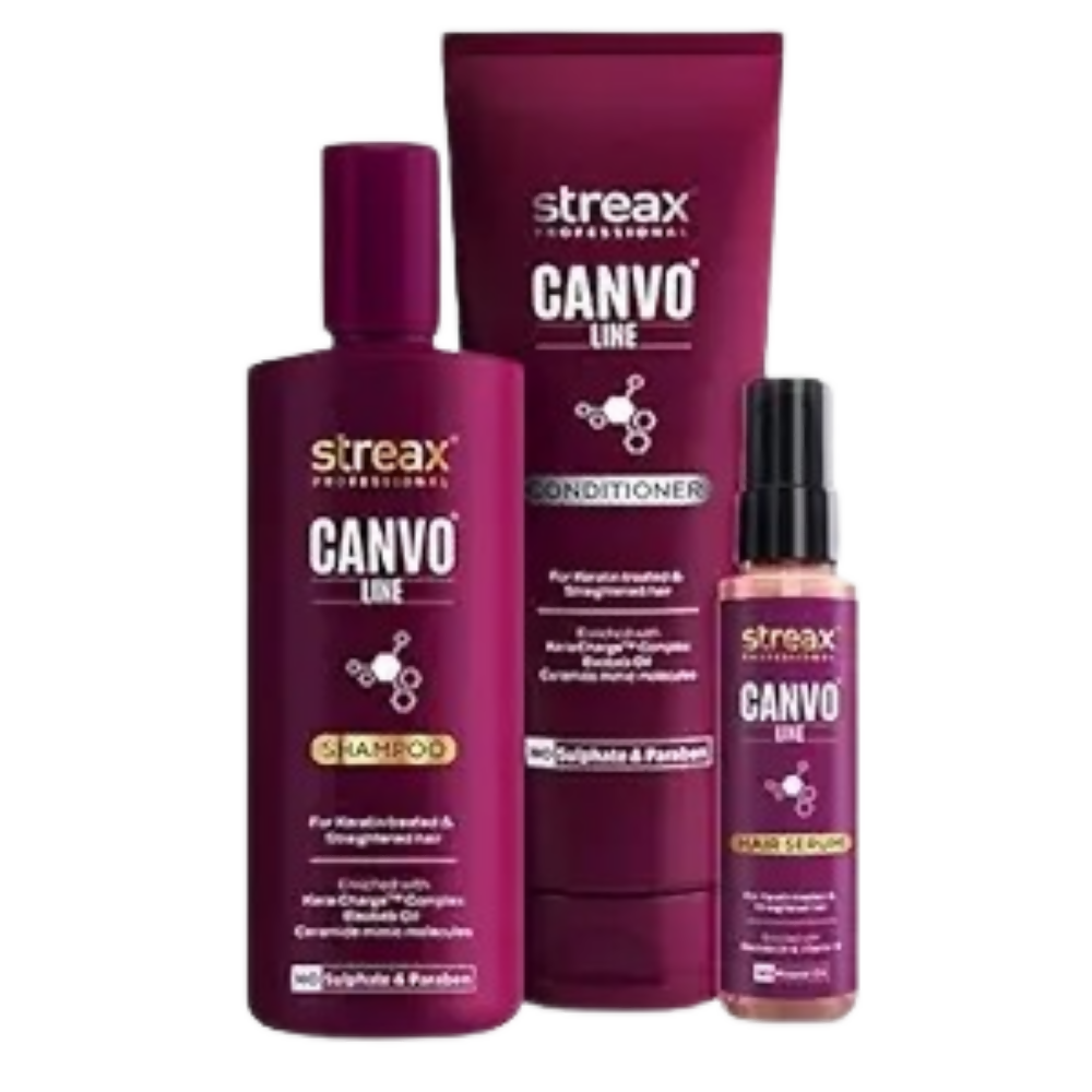 Streax Canvo Line hair care products including shampoo, conditioner, and hair serum on a white background.