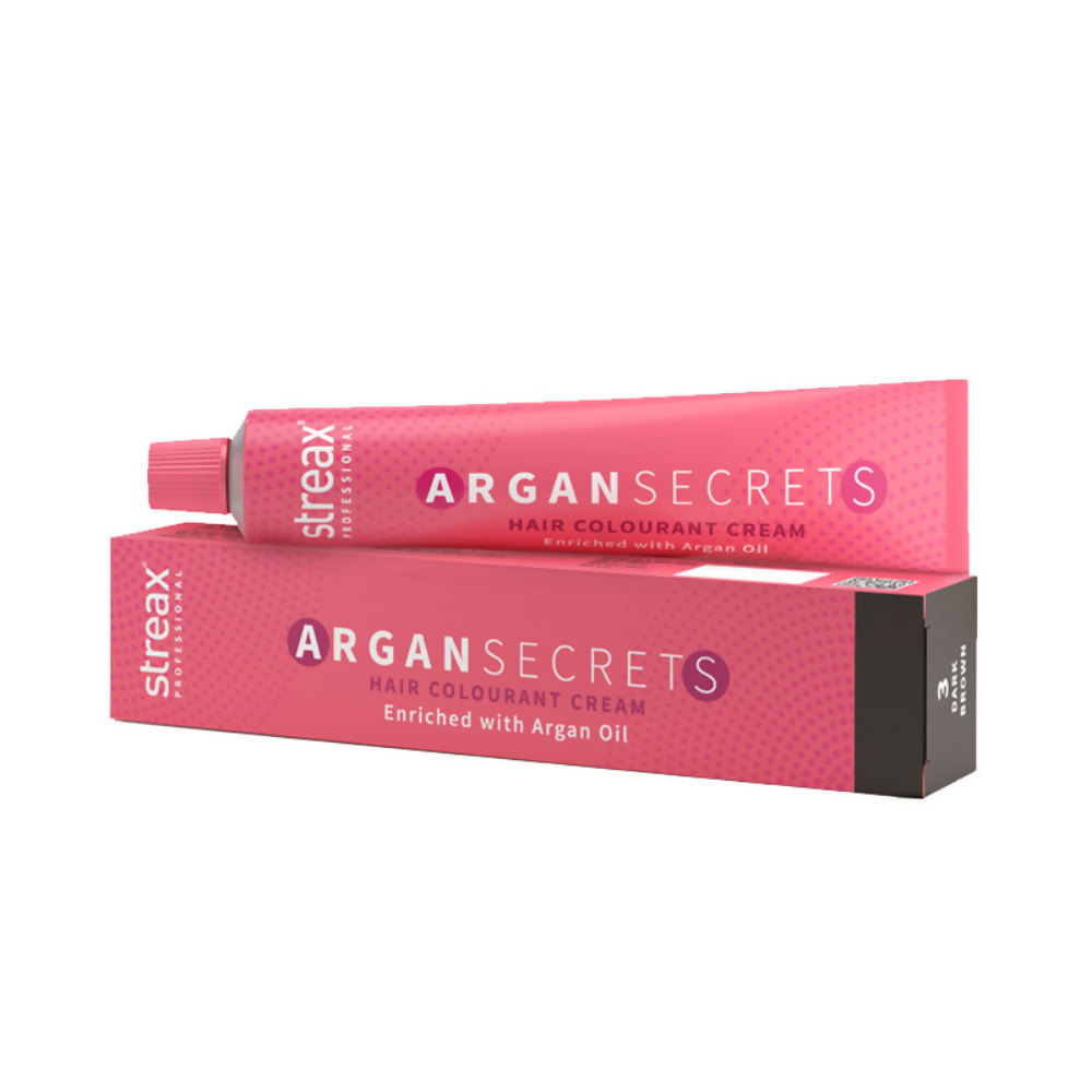 Two pink tubes of Argan Secrets hair colourant cream with packaging on a white background