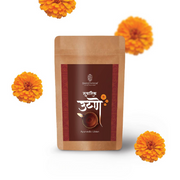 Brown package with marigold flowers on a white background