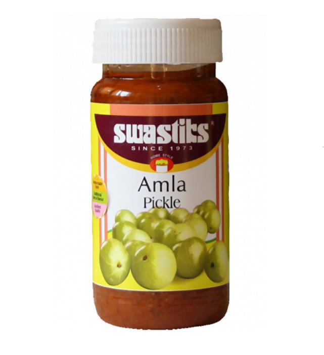 Jar of Swastits Amla Pickle on a white background