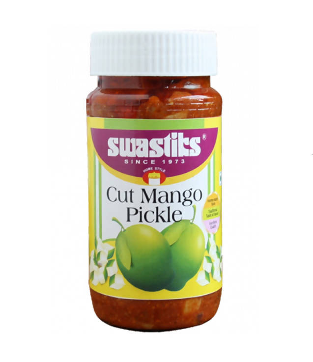 Jar of Swastits Cut Mango Pickle on a white background