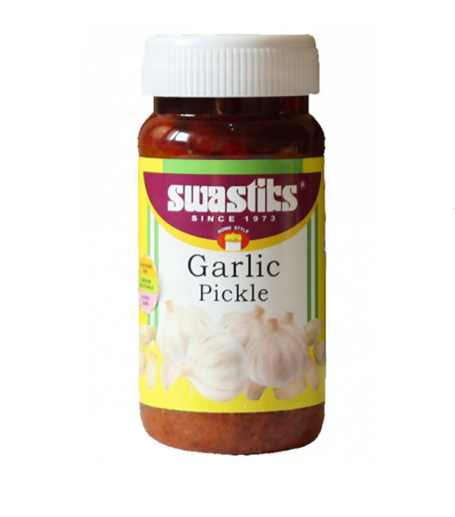 Jar of Swastits Garlic Pickle on a white background