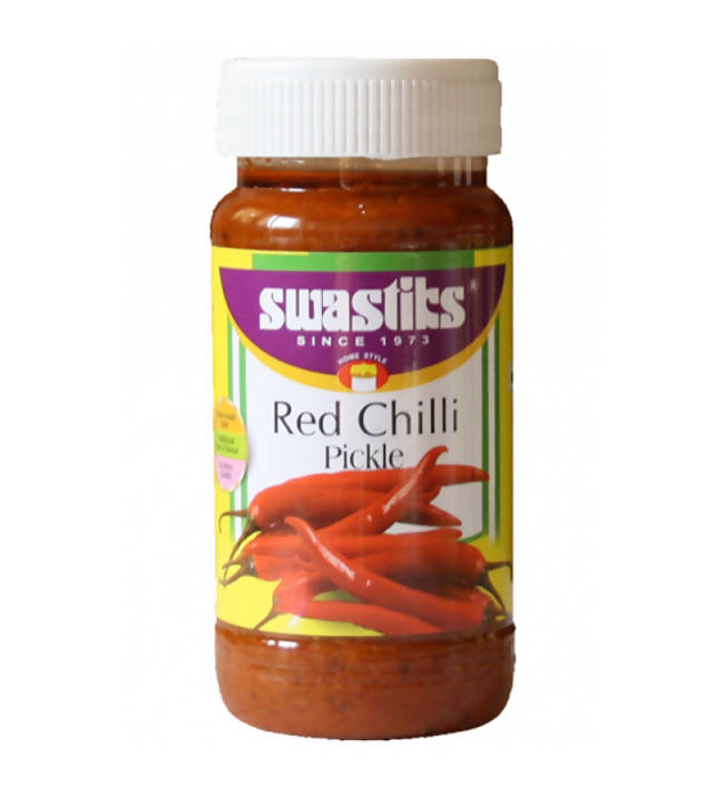Jar of Swastits Red Chilli Pickle on a white background