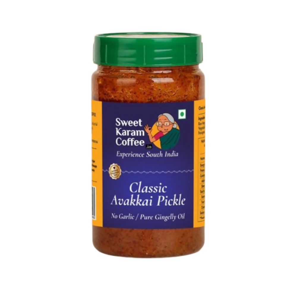 Jar of Sweet Karam Coffee Classic Avakkai Pickle on a white background