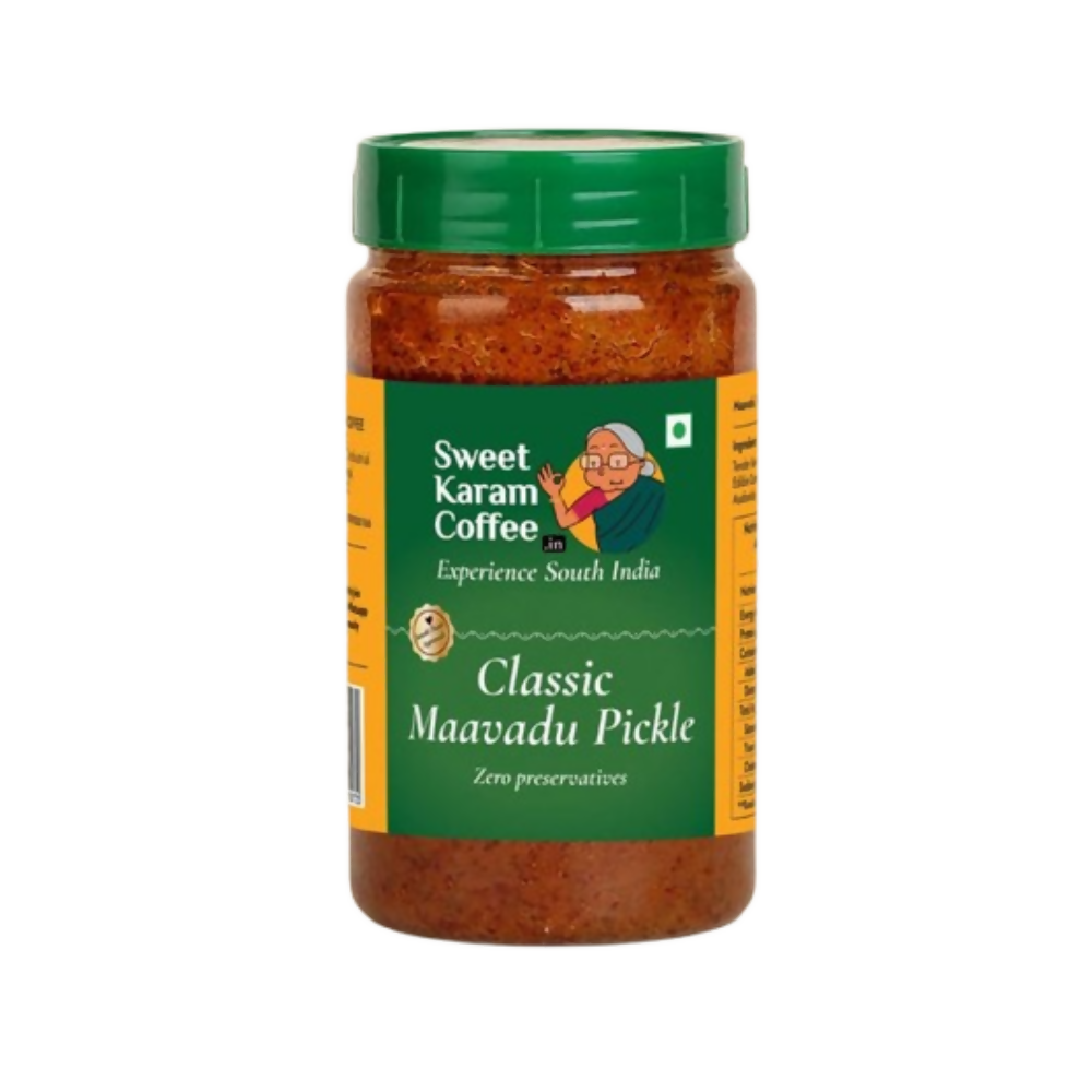 Jar of Sweet Karam Coffee Classic Maavadu Pickle on a white background