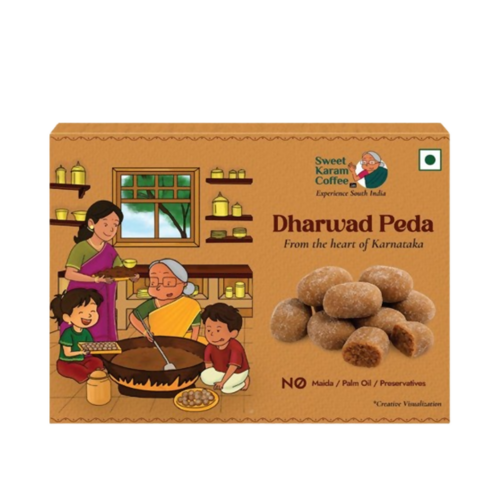 Box of Dharwad Peda with illustration of people making the product on a white background