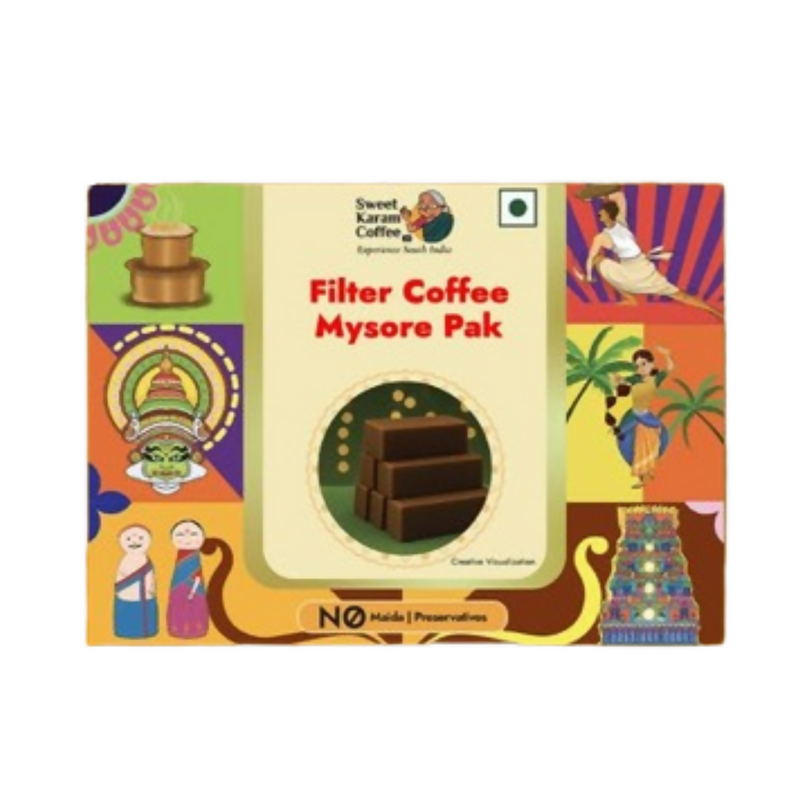 Colorful packaging of Filter Coffee Mysore Pak with traditional designs and text.