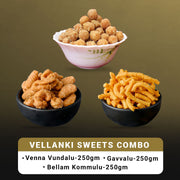 Three bowls of Vellanki sweets on a dark background with product details.