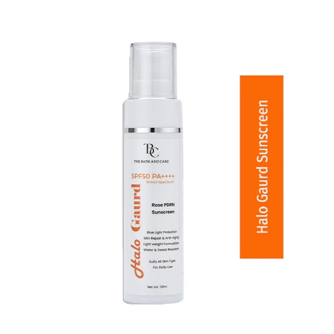 Sunscreen bottle with 'Halo Gaurd' branding on a white background