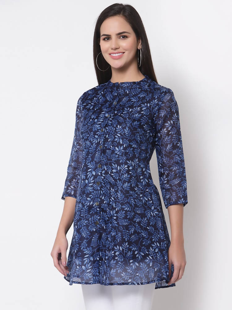 Myshka Women's Trendy Organza Printed 3/4 Sleeve Round Neck Casual Multicolor Tunic