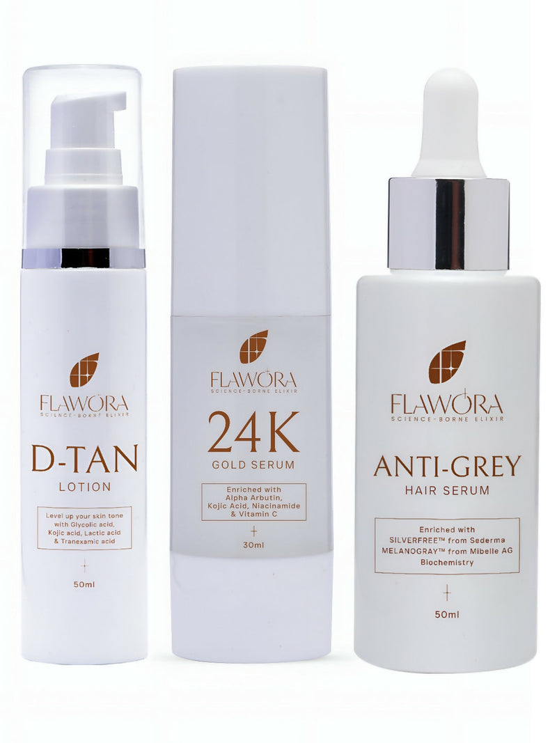 Flawora Anti-Grey Hair Serum, D-Tan Lotion and Gold Face Serum Combo