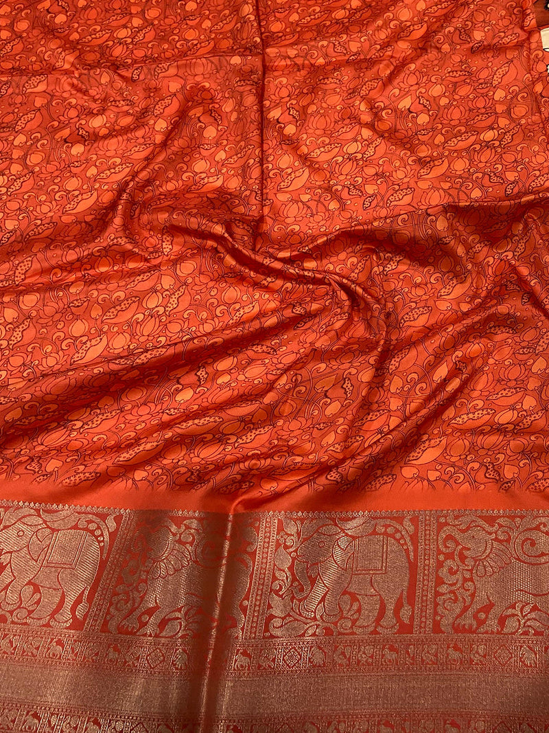 Sunset Coral Soft Silk Kalamkari Saree