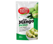 Packaging of Tasty Nibbles Cut Mango Pickle on a white background