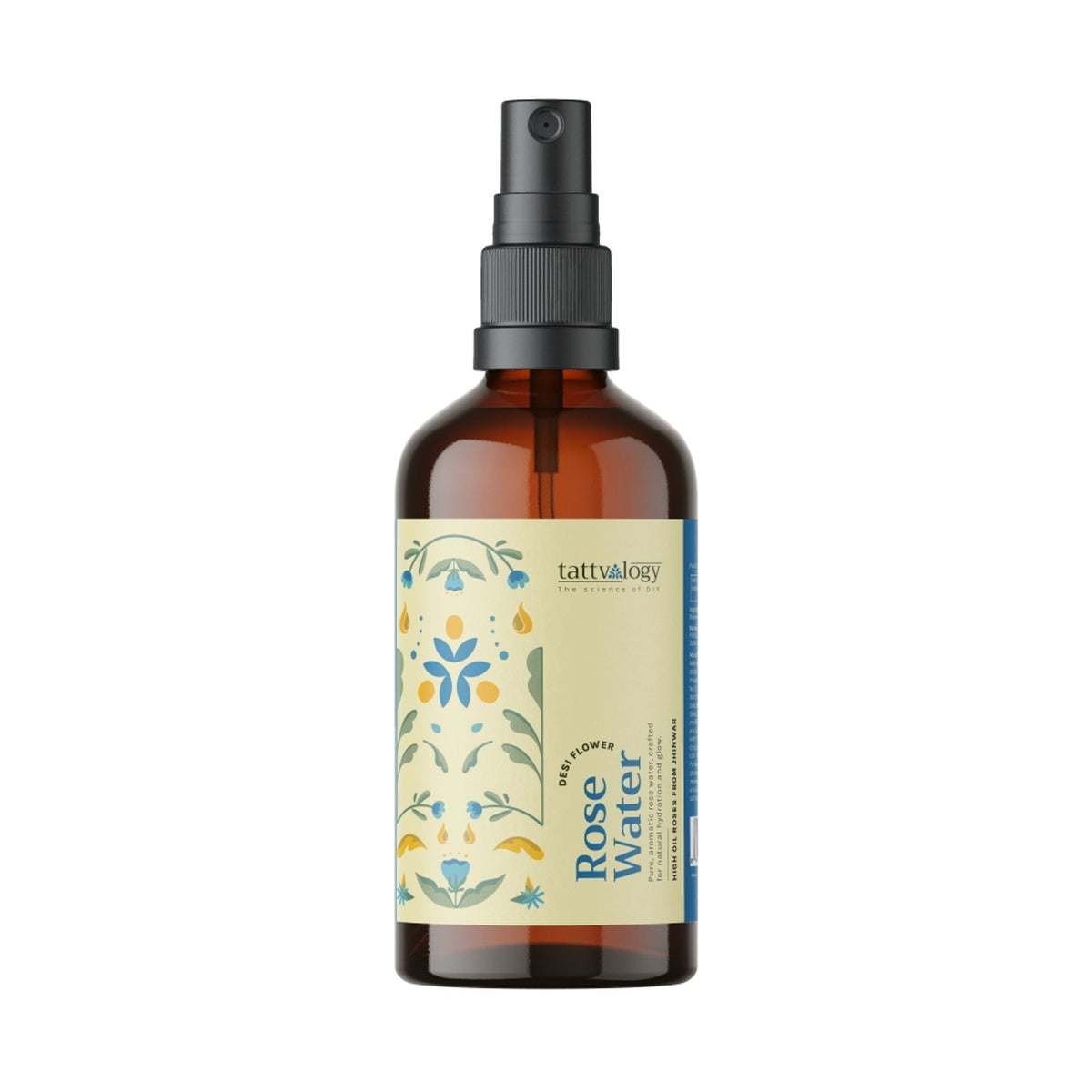 Brown bottle with a sprayer labeled 'tattvaralogy' on a white background