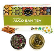Tea box for 'Alco Ban Tea' with tea leaves and a cup of tea on a white background
