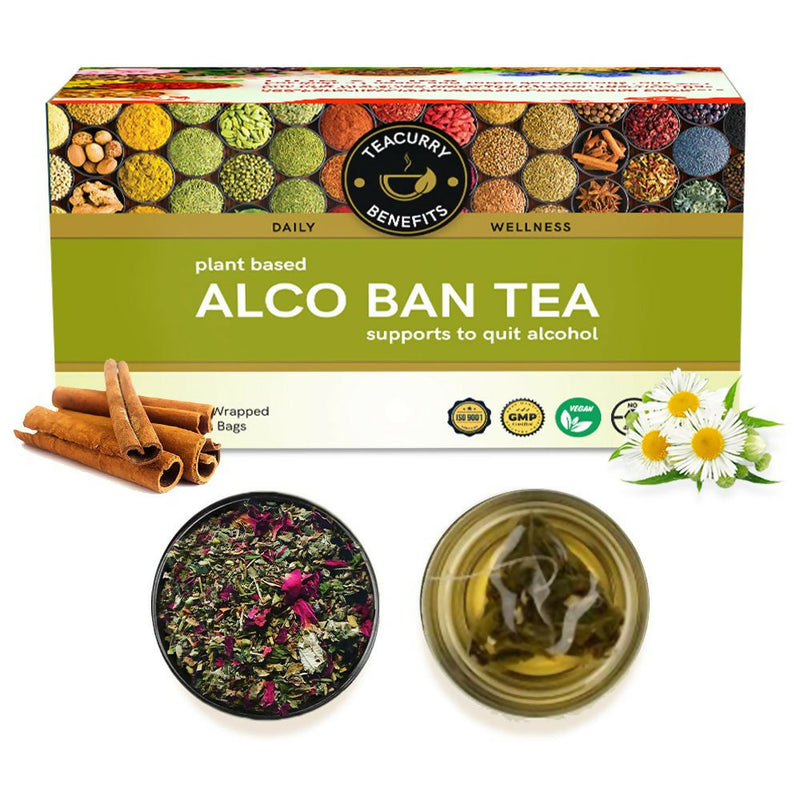 Tea box for 'Alco Ban Tea' with tea leaves and a cup of tea on a white background