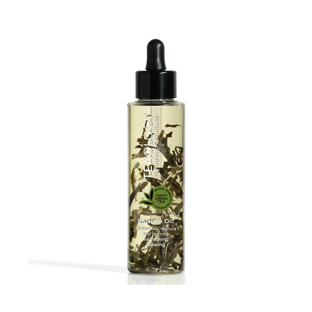 Bottle of herbal oil with a dropper on a white background
