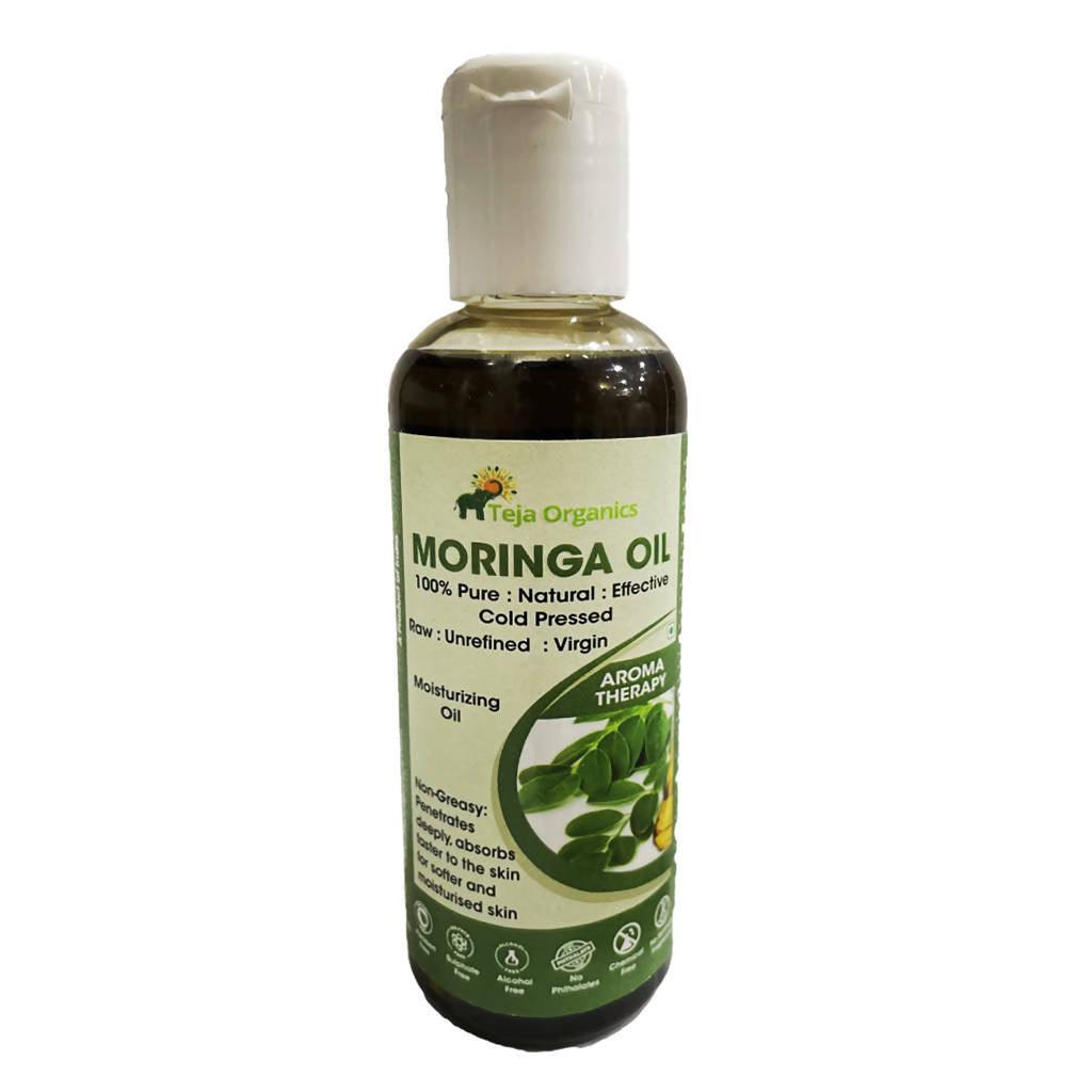 Bottle of Moringa oil with a green label on a white background