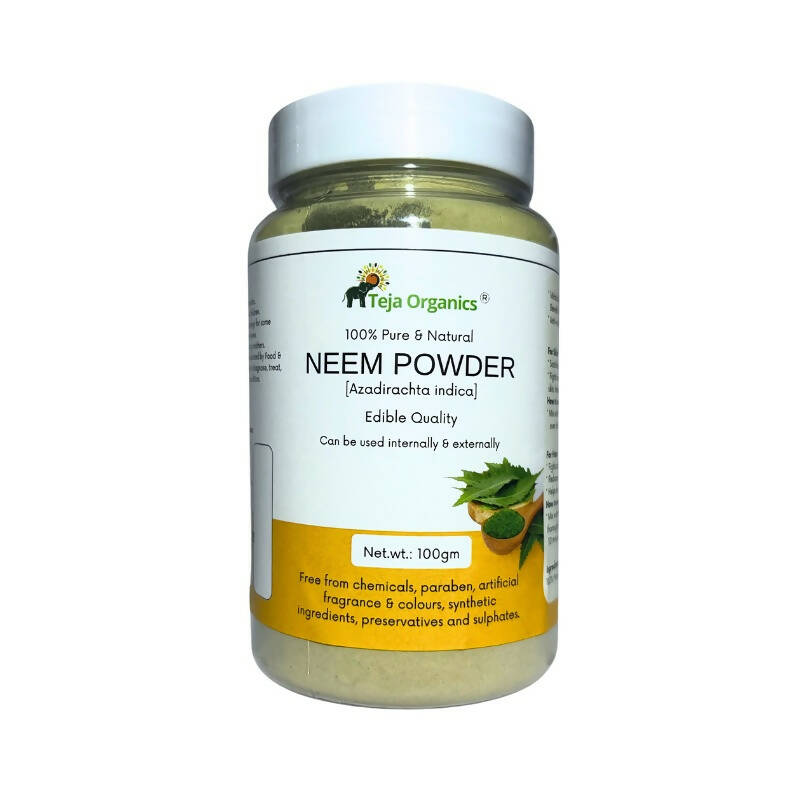 Jar of Neem powder with a white label on a white background