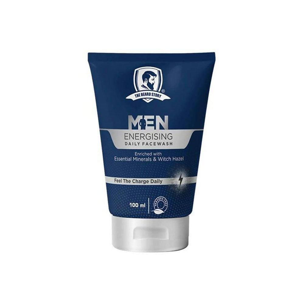 Blue tube of Men Energising Daily Facewash with brand logo on a white background