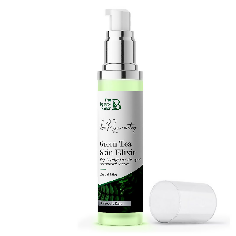 Green Tea Skin Elixir bottle with pump on a white background
