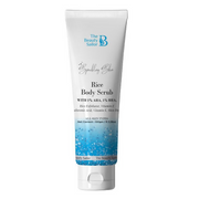 Tube of Rice Body Scrub with blue and white design on a white background
