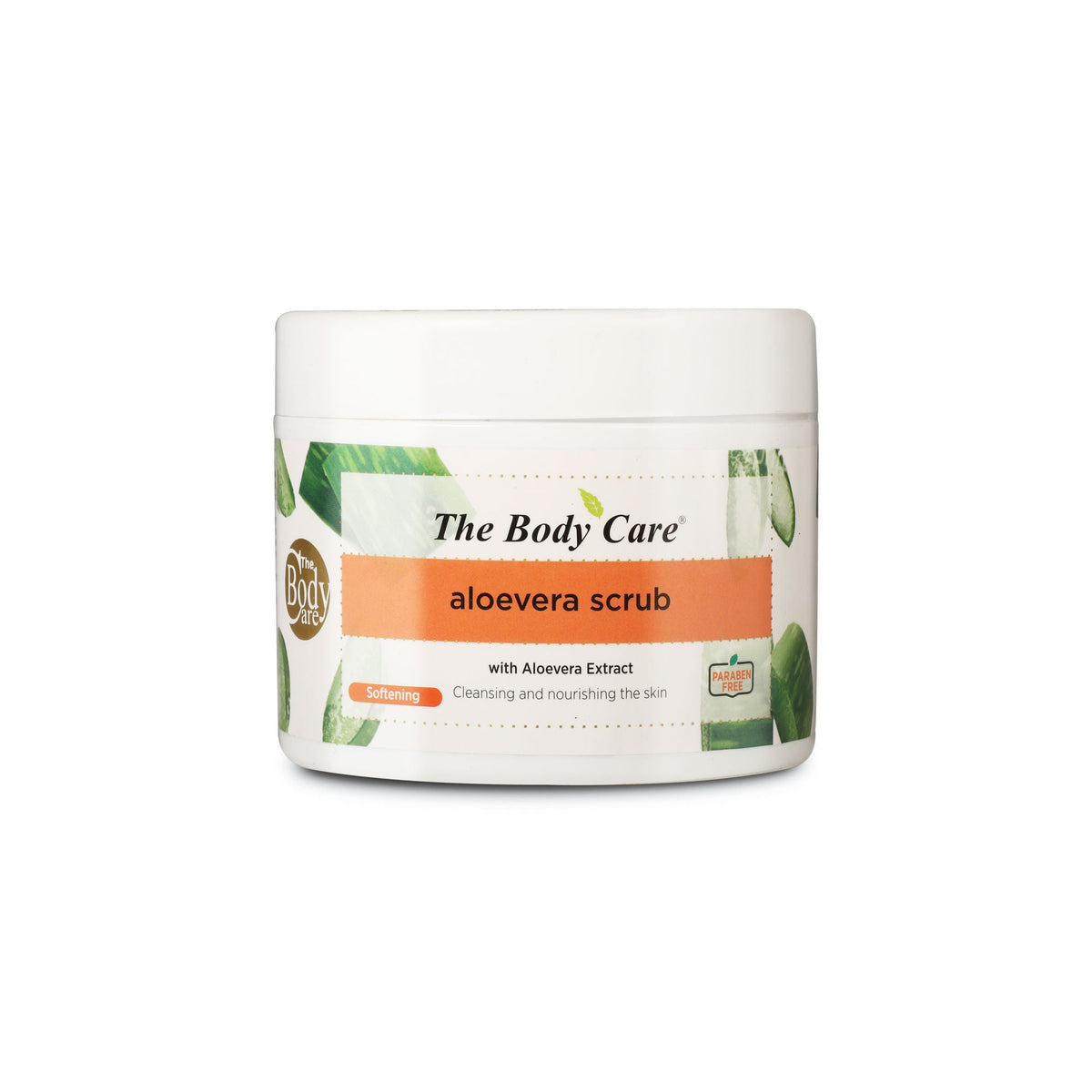 Jar of aloe vera scrub with 'The Body Care' branding on a white background