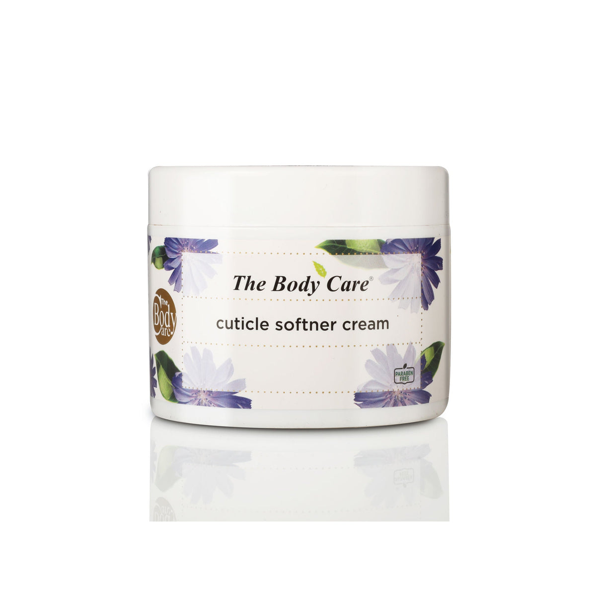 Jar of cuticle softener cream with floral design on a white background
