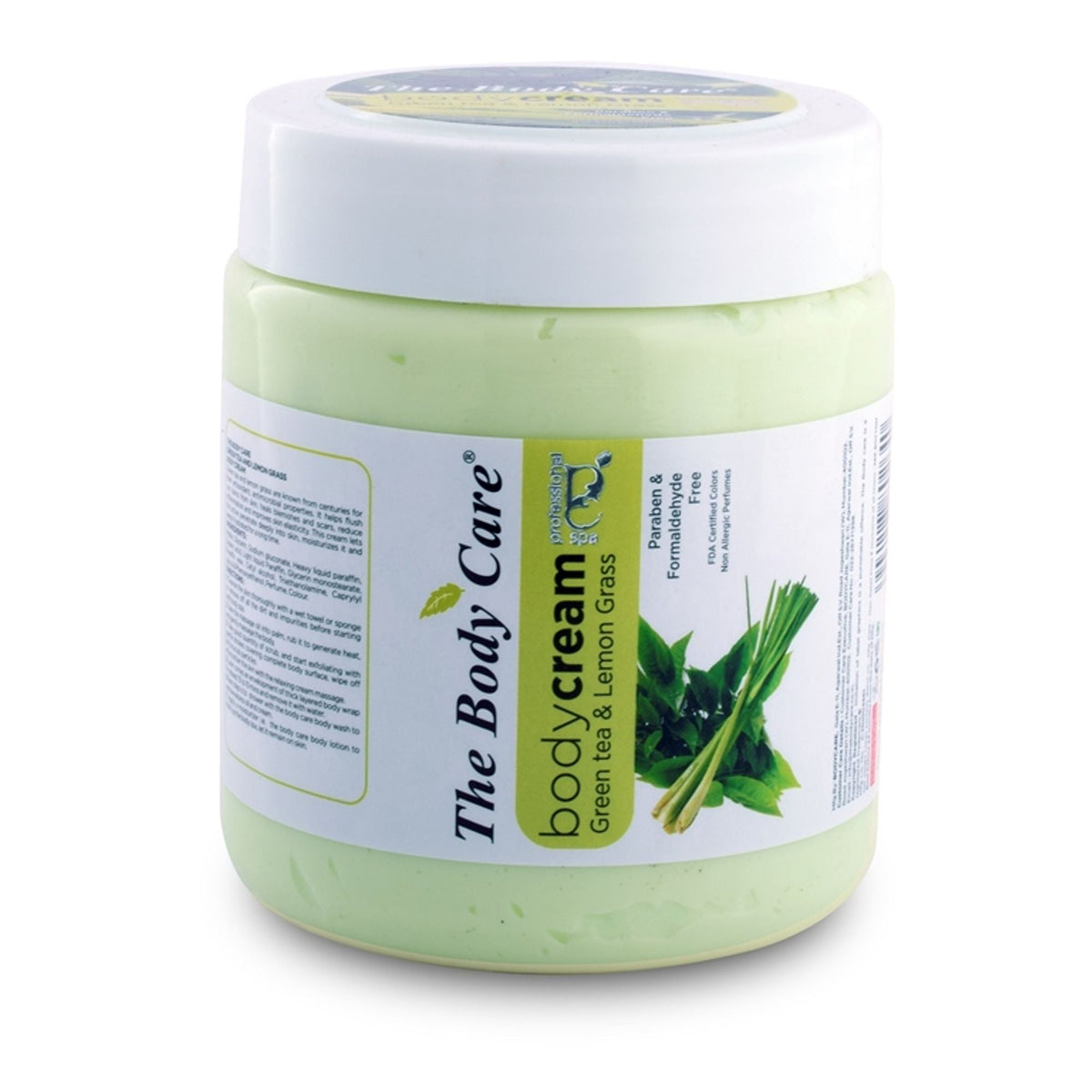 Jar of 'The Body Care' green tea and lemon grass body cream on a white background