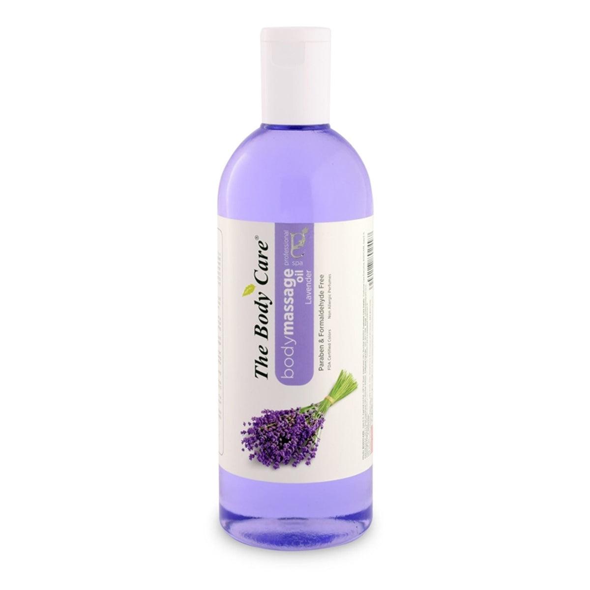 Bottle of lavender body massage oil with a white label on a white background
