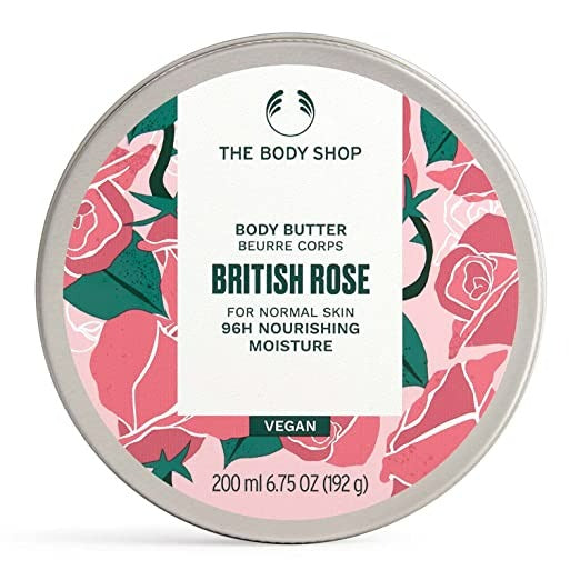 The Body Shop British Rose body butter container with floral design