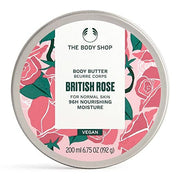 The Body Shop British Rose body butter container with floral design