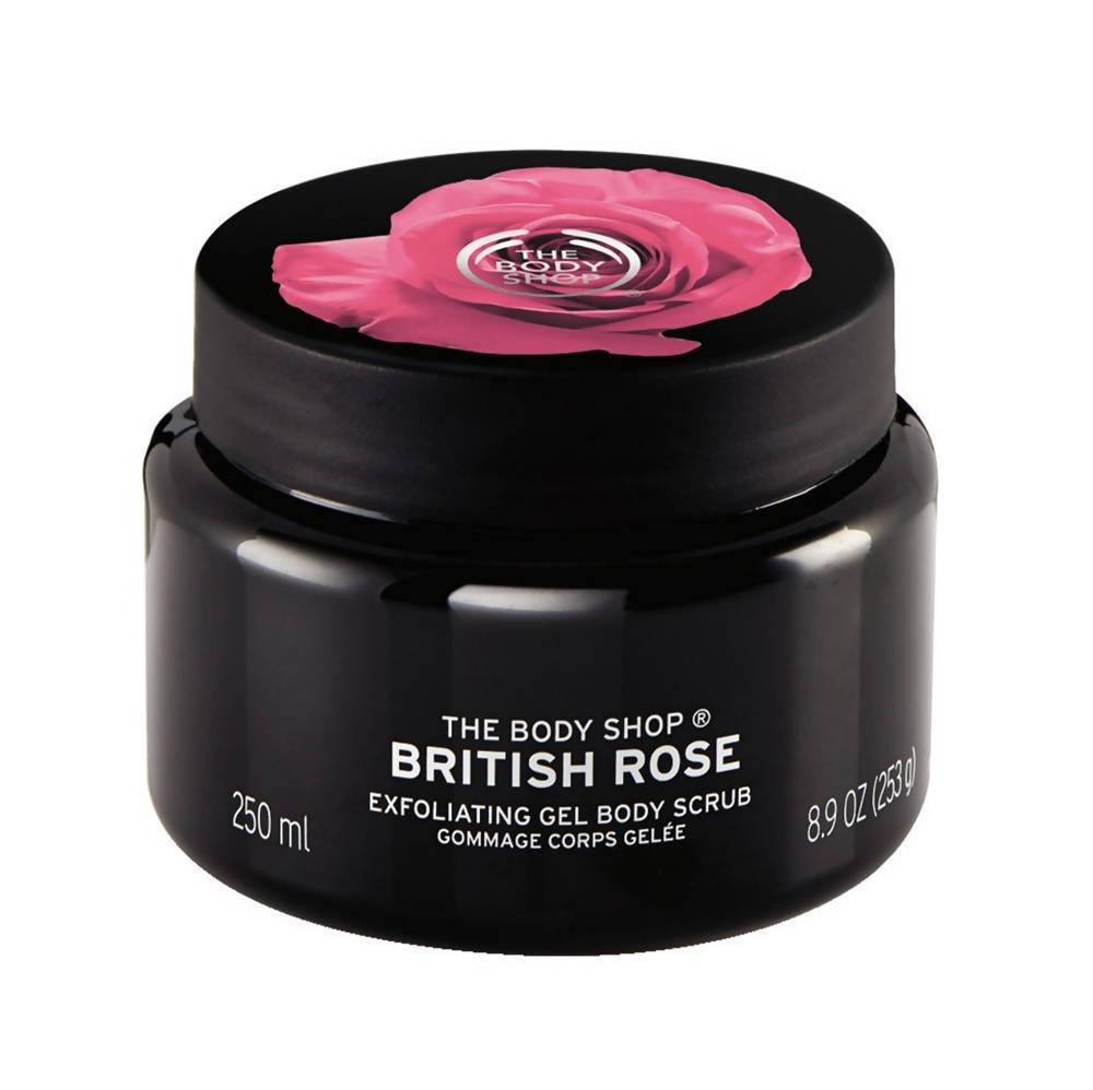 Black jar of The Body Shop British Rose Exfoliating Gel Body Scrub with a pink rose on the lid.