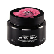 Black jar of The Body Shop British Rose Exfoliating Gel Body Scrub with a pink rose on the lid.