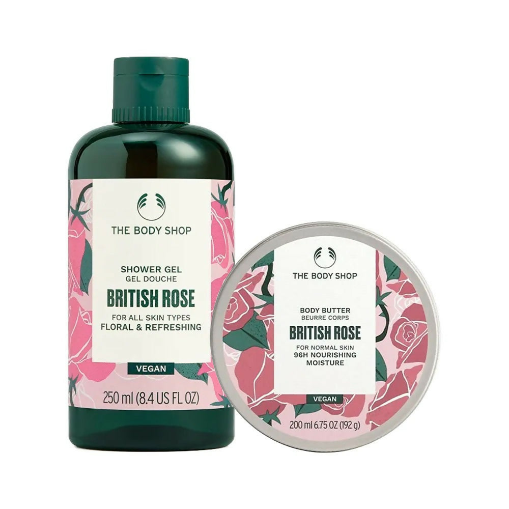 The Body Shop British Rose shower gel and body butter on a white background