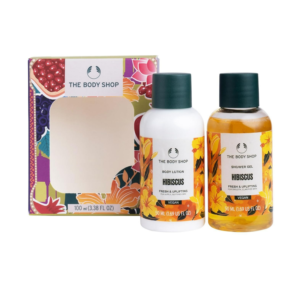 The Body Shop Hibiscus body lotion and shower gel with a soap bar on a white background