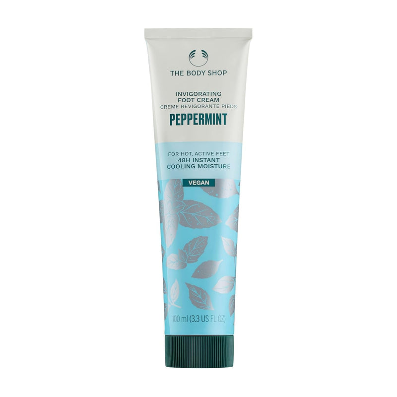 Tube of The Body Shop peppermint foot cream on a white background