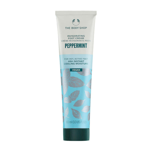 Tube of The Body Shop peppermint foot cream on a white background