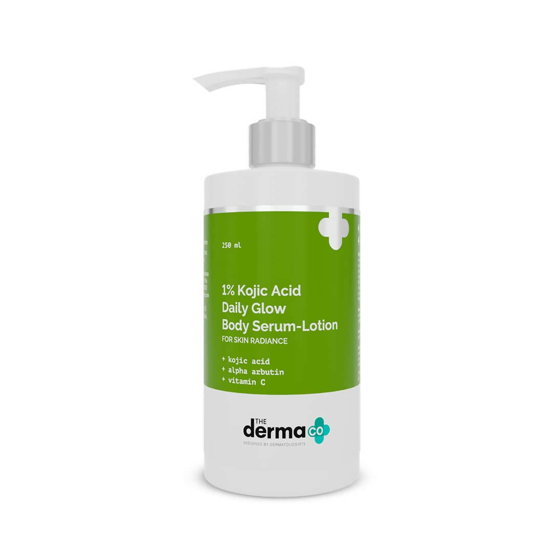 Bottle of The Derma Co. Kojic Acid Daily Glow Body Serum-Lotion on a white background