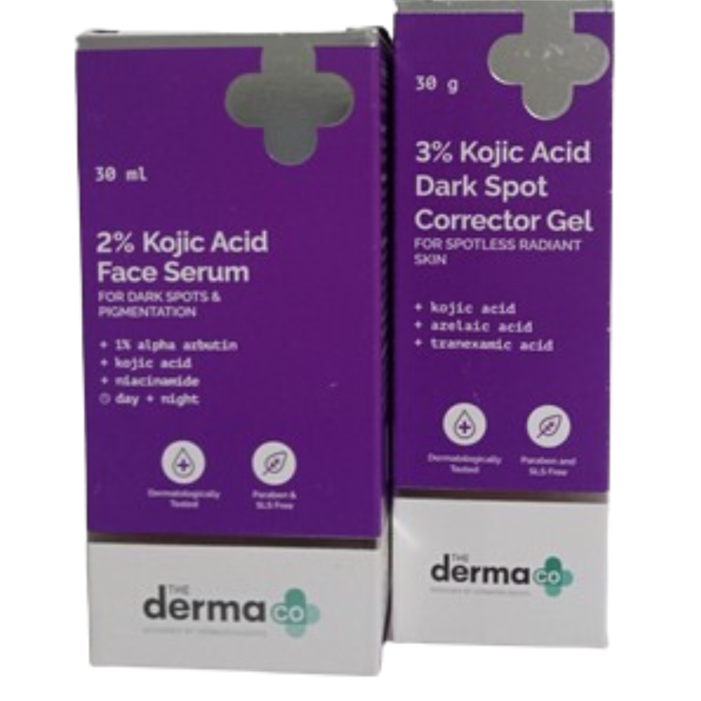 Two purple boxes of derma co skincare products on a white background