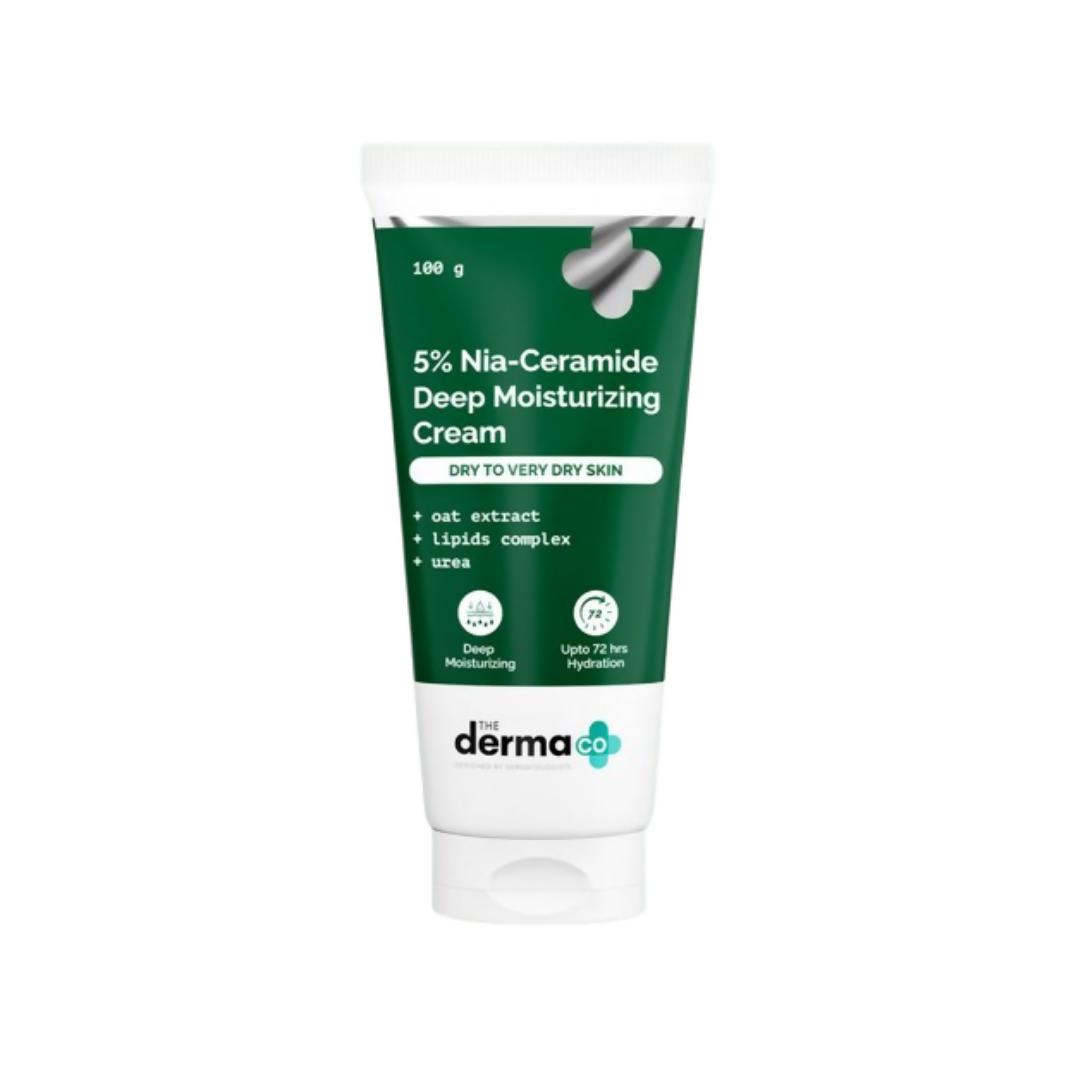 Tube of derma+ 5% Nia-Ceramide Deep Moisturizing Cream on a white background