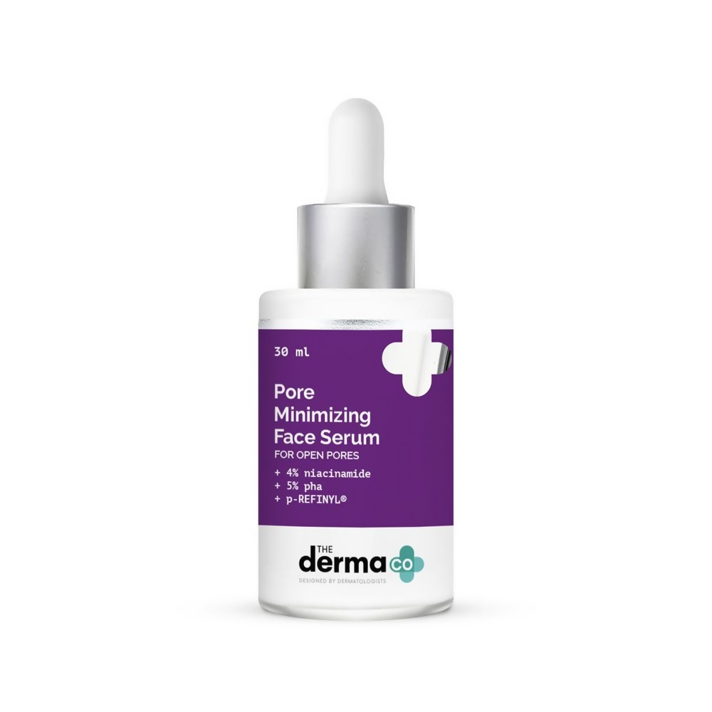 Pore minimizing face serum bottle with dropper on a white background