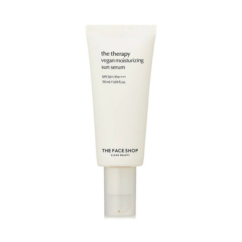 Tube of 'the therapy vegan moisturizing sun serum' by The Face Shop on a white background