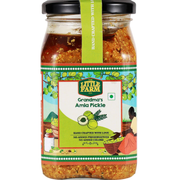 Jar of 'Grandma's Amla Pickle' from Little Farm on a white background
