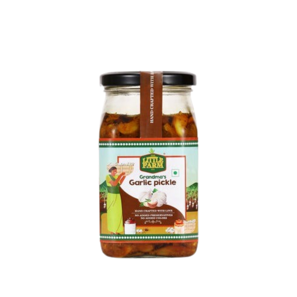 Jar of Little Farm Grandma's Garlic Pickle on a white background