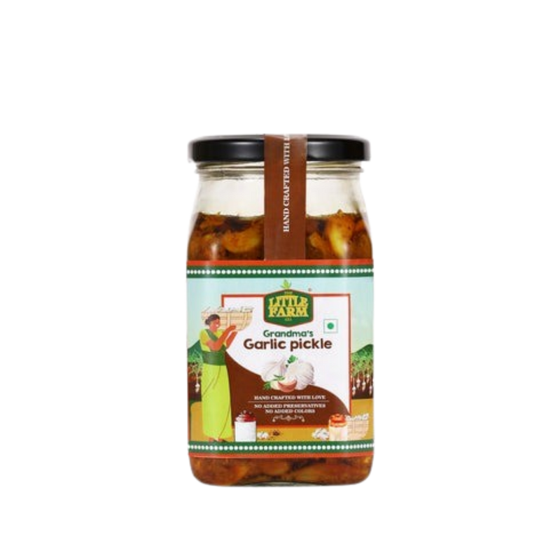 Jar of Little Farm Grandma's Garlic Pickle on a white background