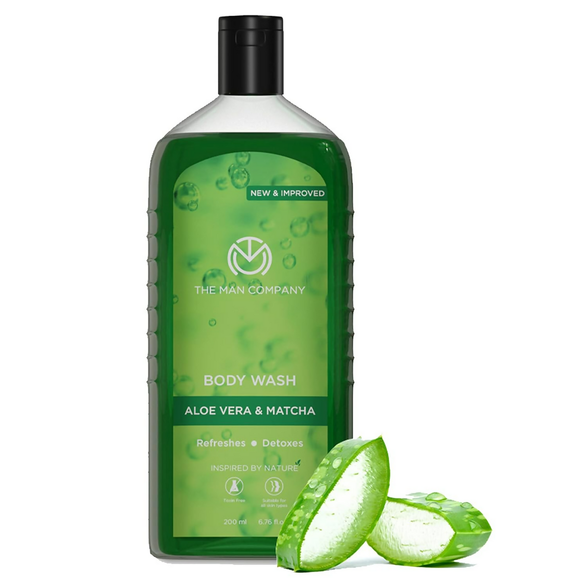 Body wash bottle with green label featuring aloe vera and matcha, accompanied by aloe vera slices on a white background.