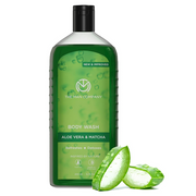 Body wash bottle with green label featuring aloe vera and matcha, accompanied by aloe vera slices on a white background.