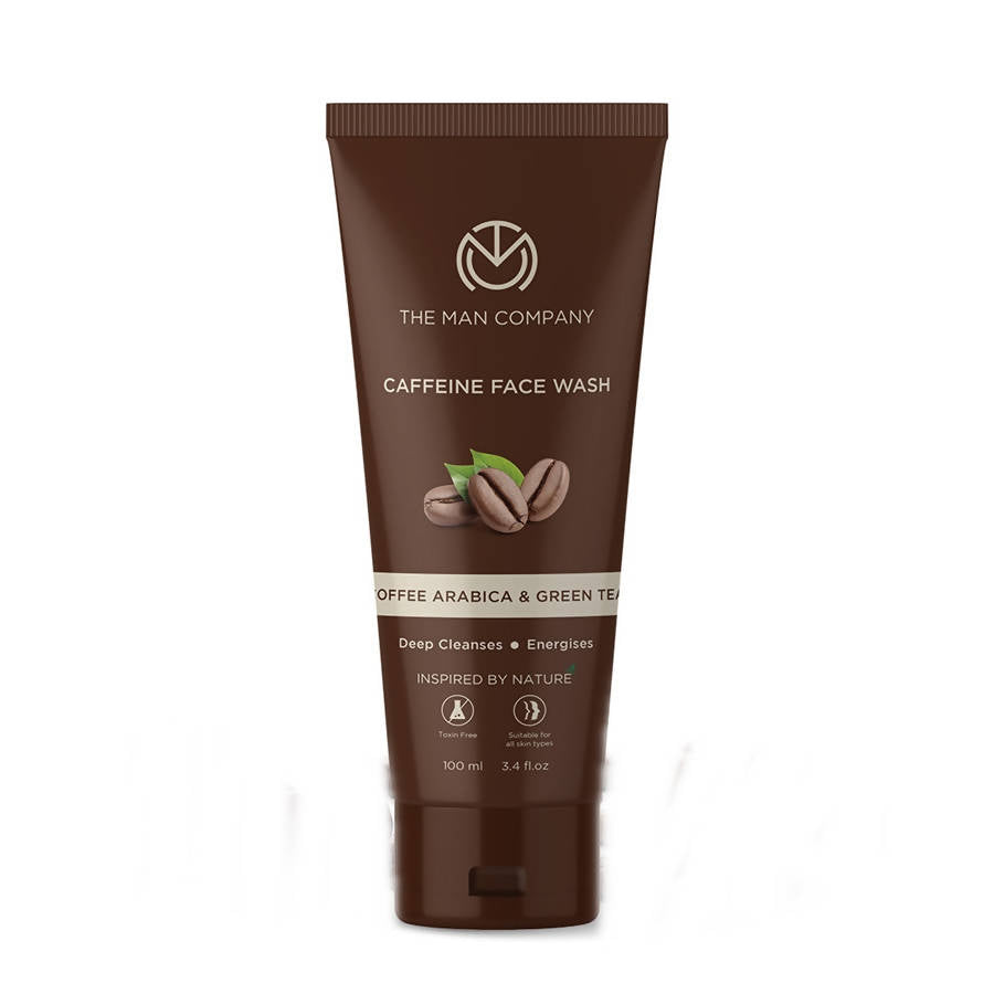 Brown tube of Caffeine Face Wash by The Man Company on a white background